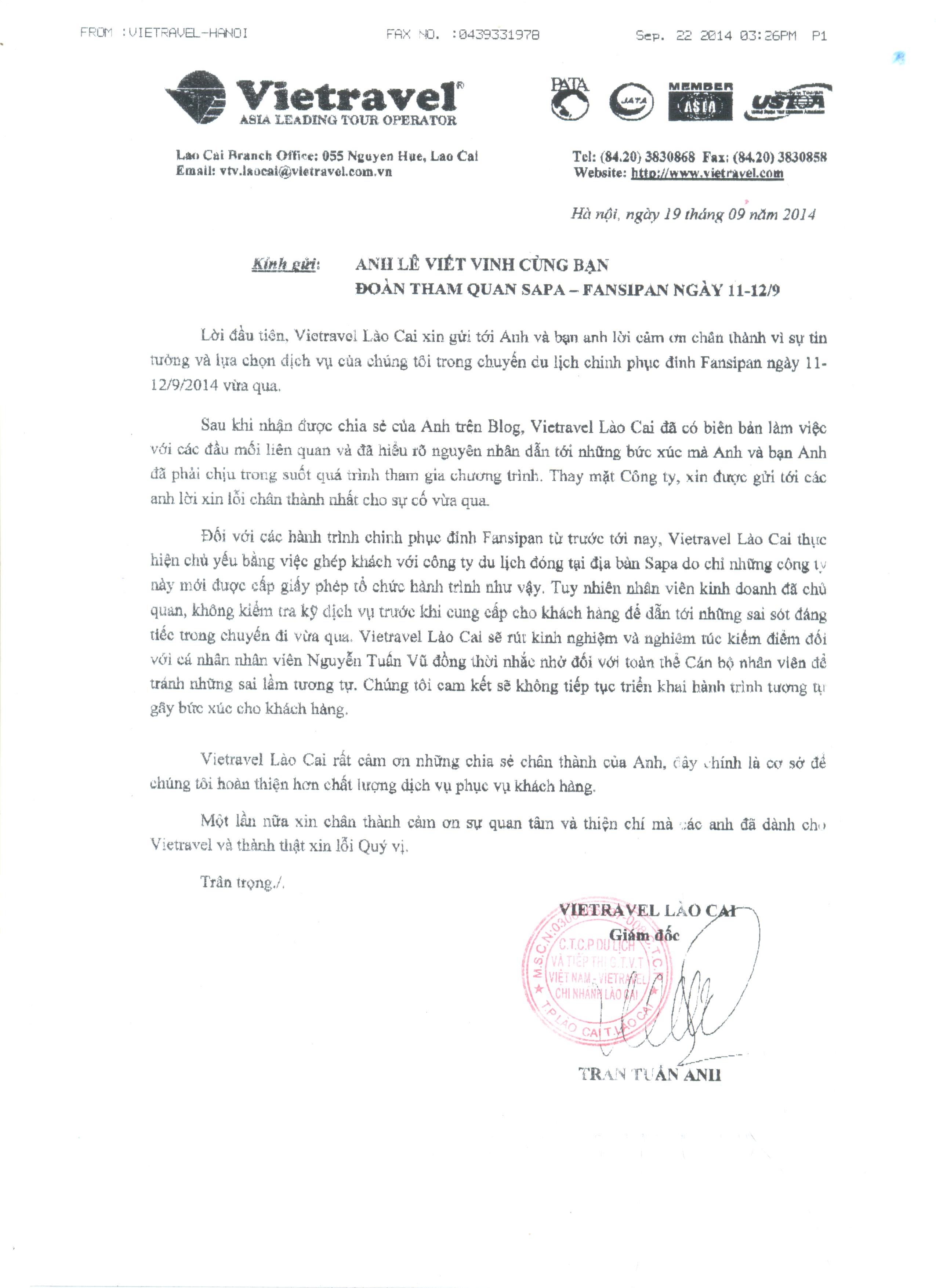 Thư xin lỗi từ lãnh đạo Vietravel Lào Cai